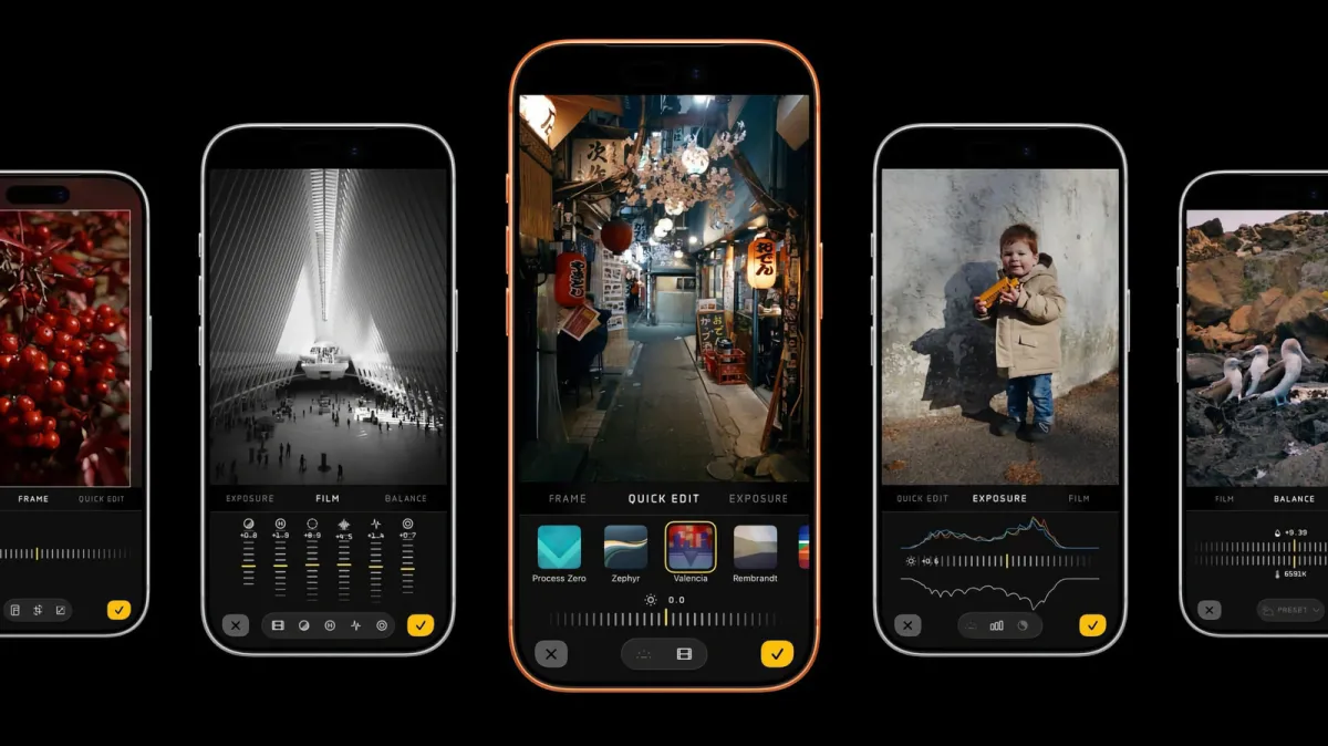 The Halide Mark III interface displays the updated photo editor and film simulation controls.