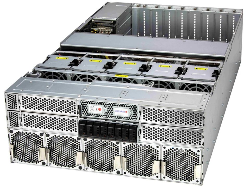 Liquid-cooled server racks housing NVIDIA Blackwell GPUs for sustainable AI cloud infrastructure.