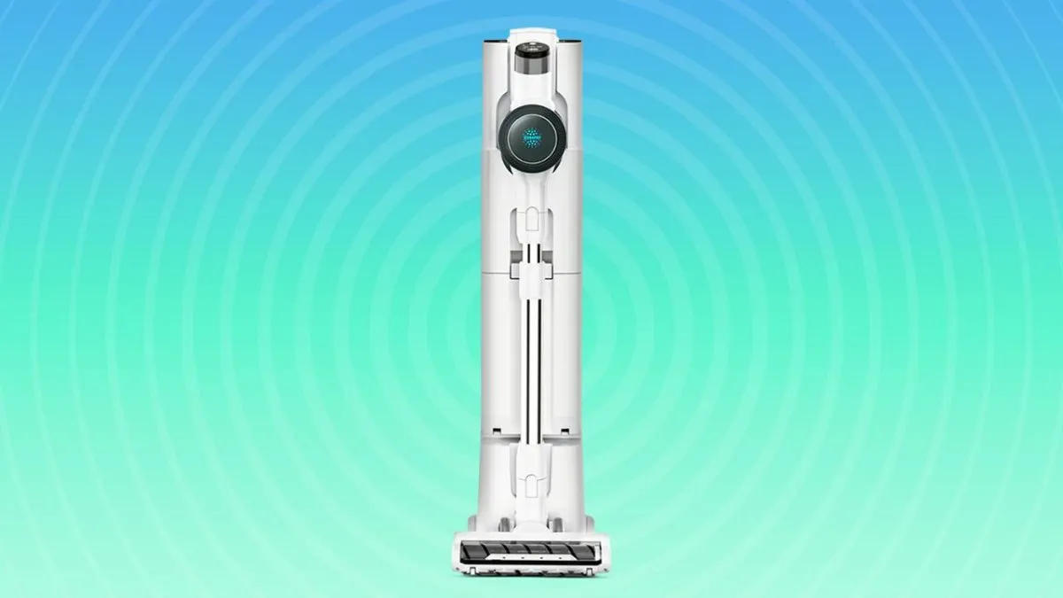 A self-emptying stick vacuum features an automated dust disposal base.