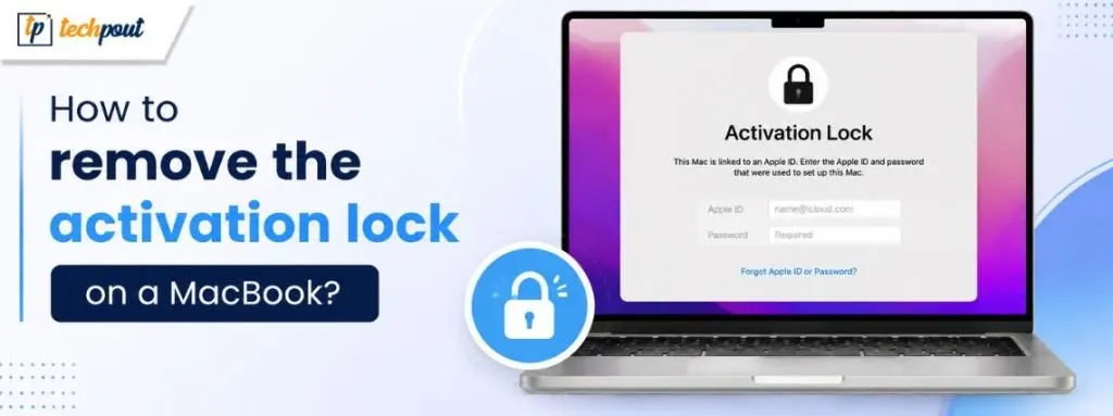 The screen displays the MacBook activation lock interface with Apple ID verification options.