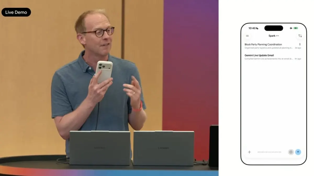 Google demonstrates Gemini Spark on an iPhone 17 Pro during the I/O 2026 keynote.