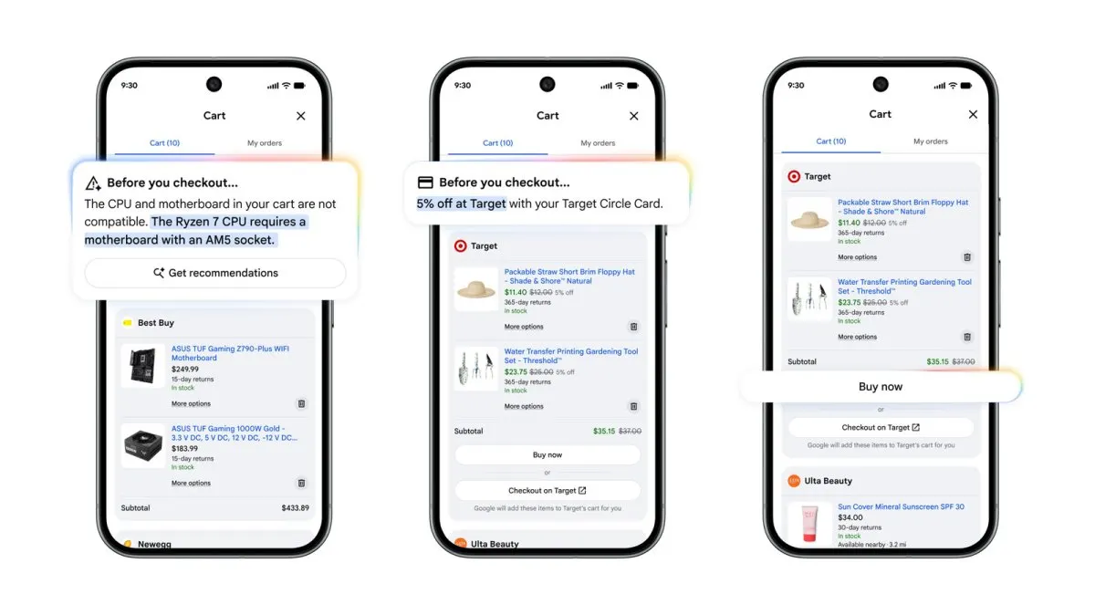 The Google Universal Cart interface displays aggregated purchases and automated price comparisons across platforms.