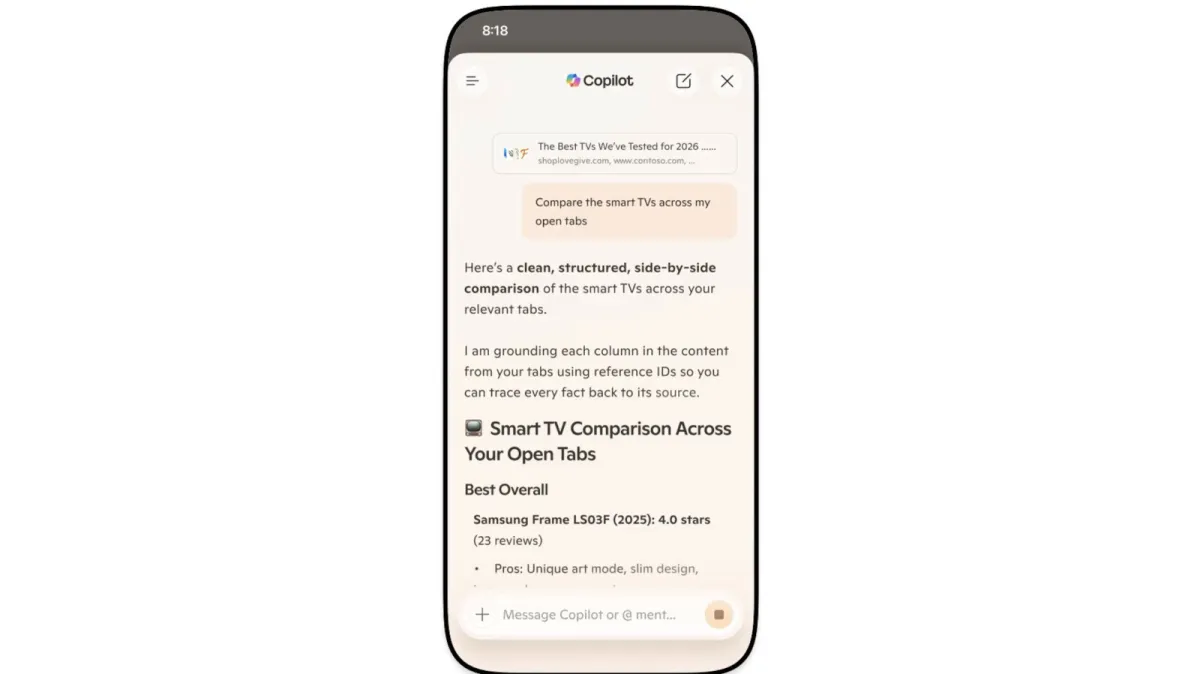 Microsoft Edge browser displays integrated artificial intelligence tools for desktop and mobile platforms.