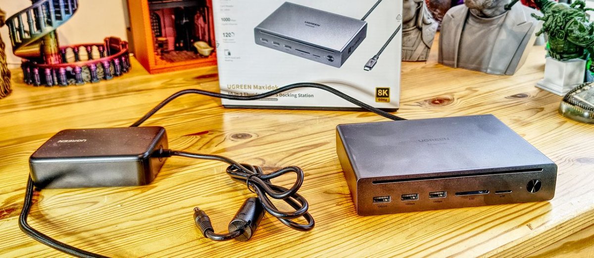 Front view of the UGREEN Maxidok 10-in-1 Thunderbolt 5 dock showing its compact aluminum chassis and port layout.