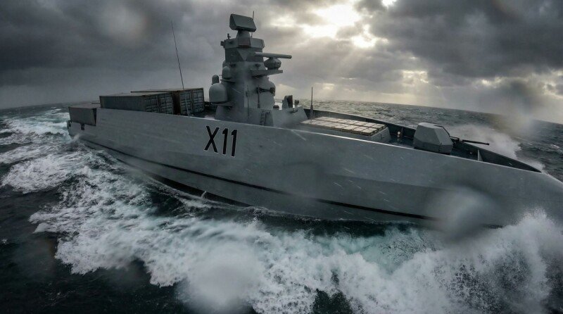 The LASV75 autonomous warship design features modular mission containers and integrated electric propulsion systems.