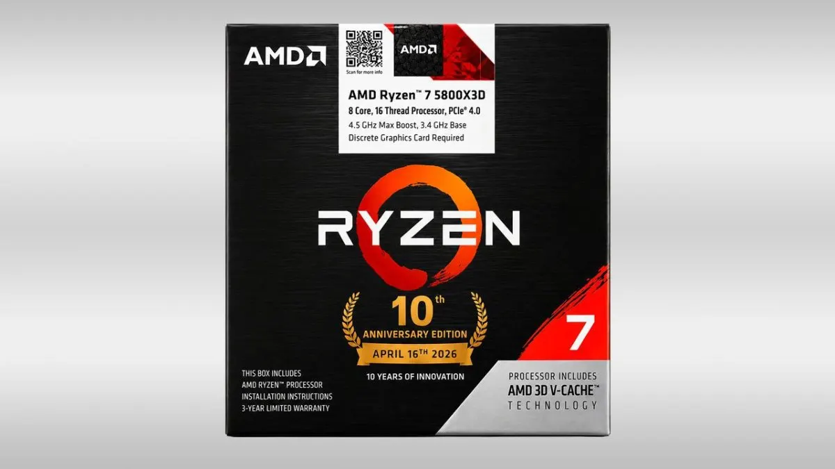 The Ryzen 7 5800X3D AM4 10th Anniversary Edition octa-core processor features three-dimensional vertical cache technology.