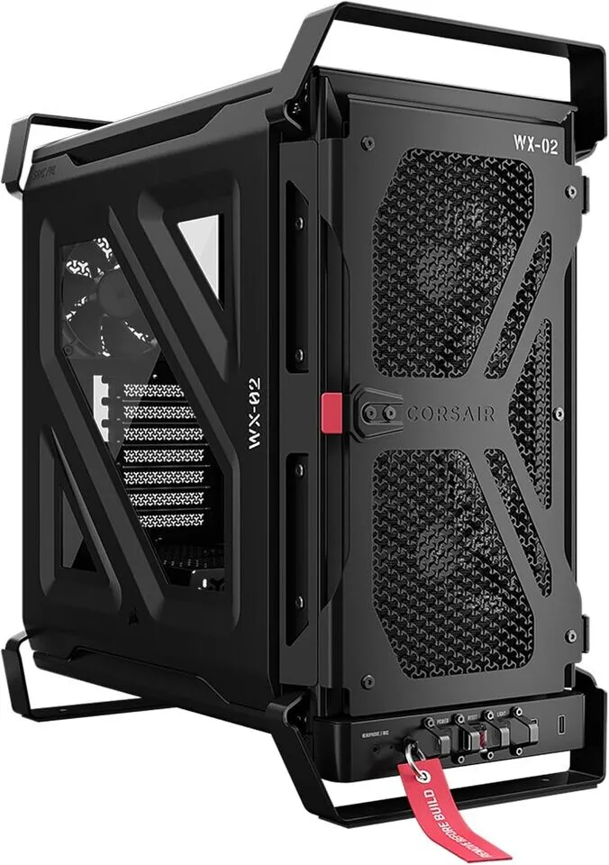 The Corsair Warthog RS mid-tower PC case features a perforated front panel and internal mounting rails.