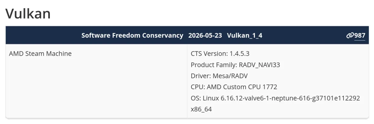 The Valve Steam Machine Vulkan compliance database entry confirms AMD Navi 3 support and Vulkan 1.4 certification.