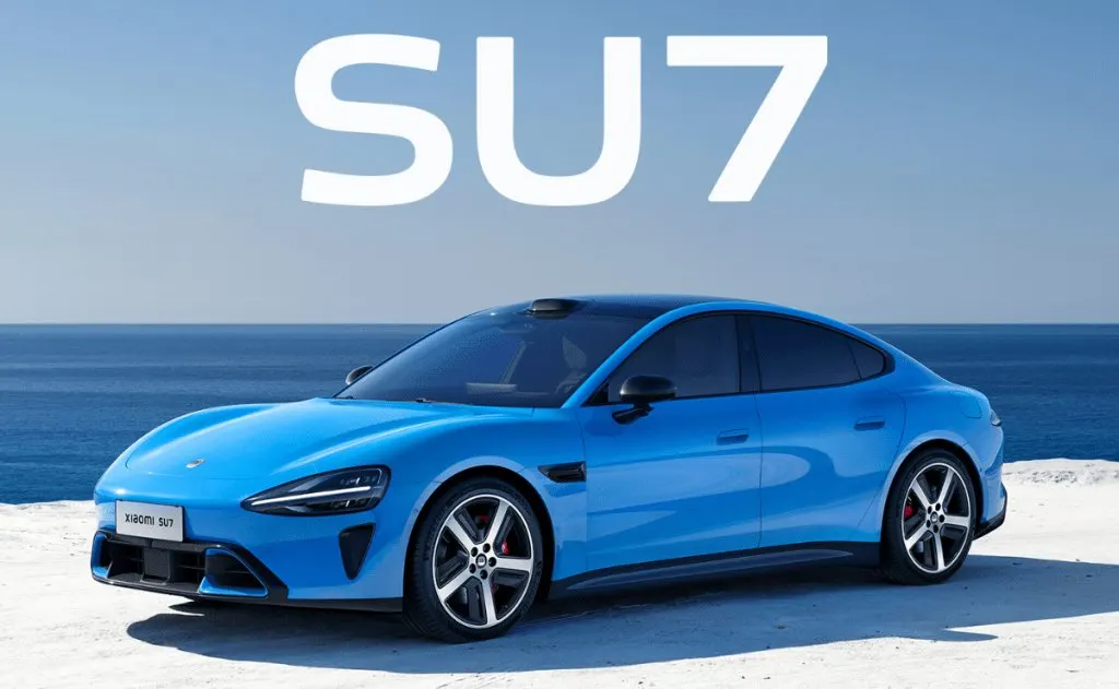 The updated Xiaomi SU7 electric vehicle is displayed at a spring product event highlighting refined design features.