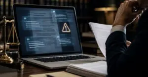 Attorneys examine digital contracts on a computer screen with abstract network graphics representing artificial intelligence.