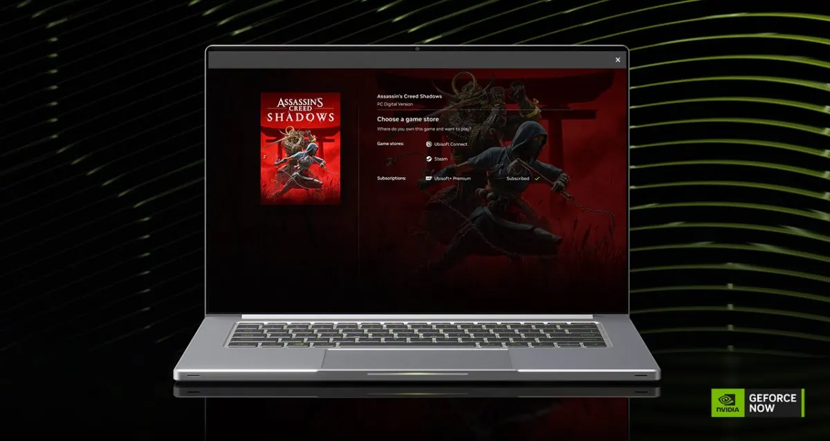 GeForce NOW interface displaying new subscription labels for Xbox Game Pass and Ubisoft+ catalogs.