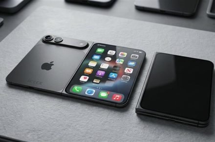 A book-style foldable iPhone features a seven-inch inner display and a precision hinge mechanism.