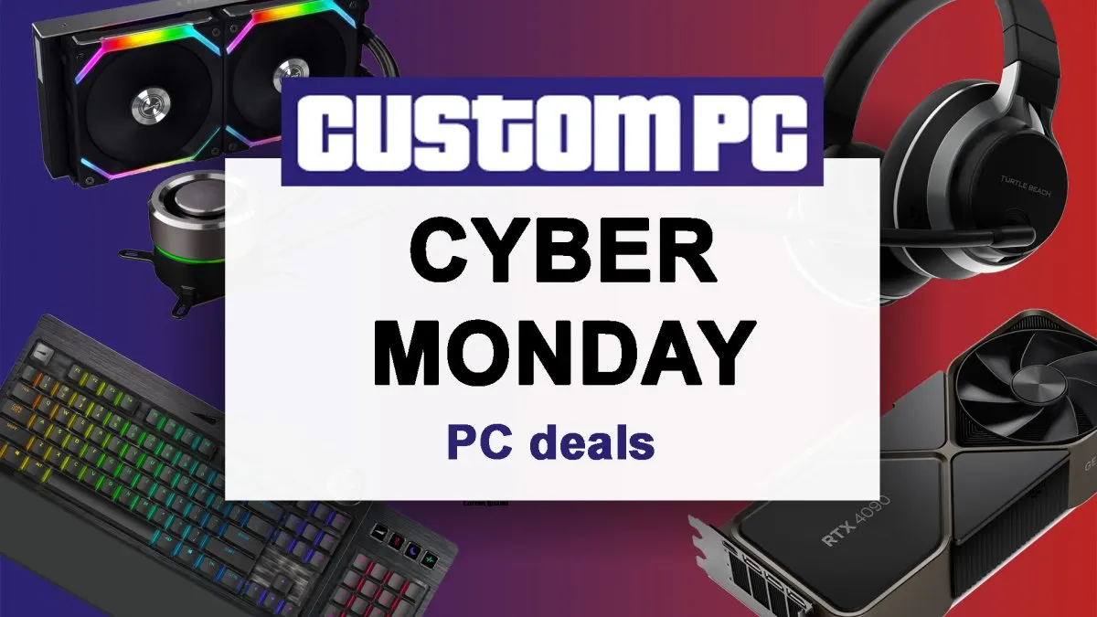 Assorted computer hardware components are arranged on a display table with seasonal discount signage.