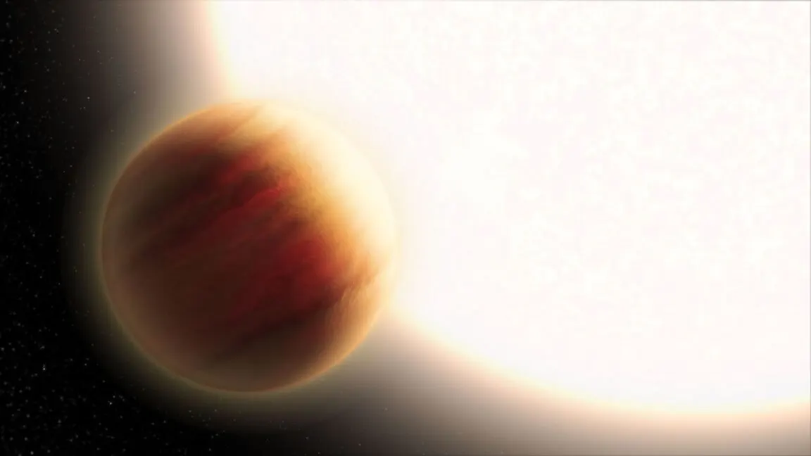 The diagram shows asymmetric weather patterns on hot gas giant WASP-94A b with cloudy mornings and clear evenings.