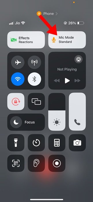 The iPhone Control Center displays the microphone mode selector with Voice Isolation, Wide Spectrum, and Standard options.