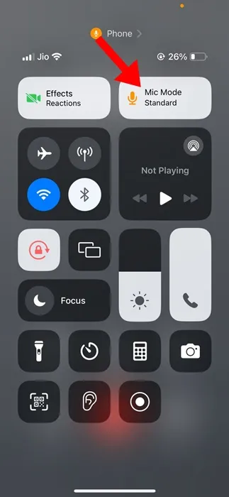 The iPhone Control Center displays the microphone mode selector with Voice Isolation, Wide Spectrum, and Standard options.