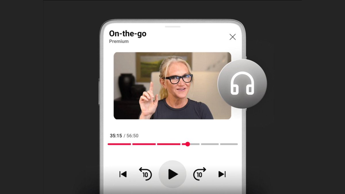 The screen displays YouTube podcast on-the-go mode with an audio-first layout and large playback controls.