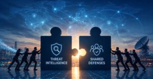 Global telecommunications networks are secured by shared cybersecurity frameworks and interconnected data nodes.