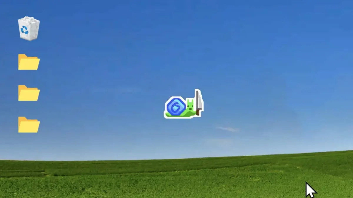 A digital snail tracking a computer mouse cursor on a desktop screen in Don't Touch the Snail gameplay.