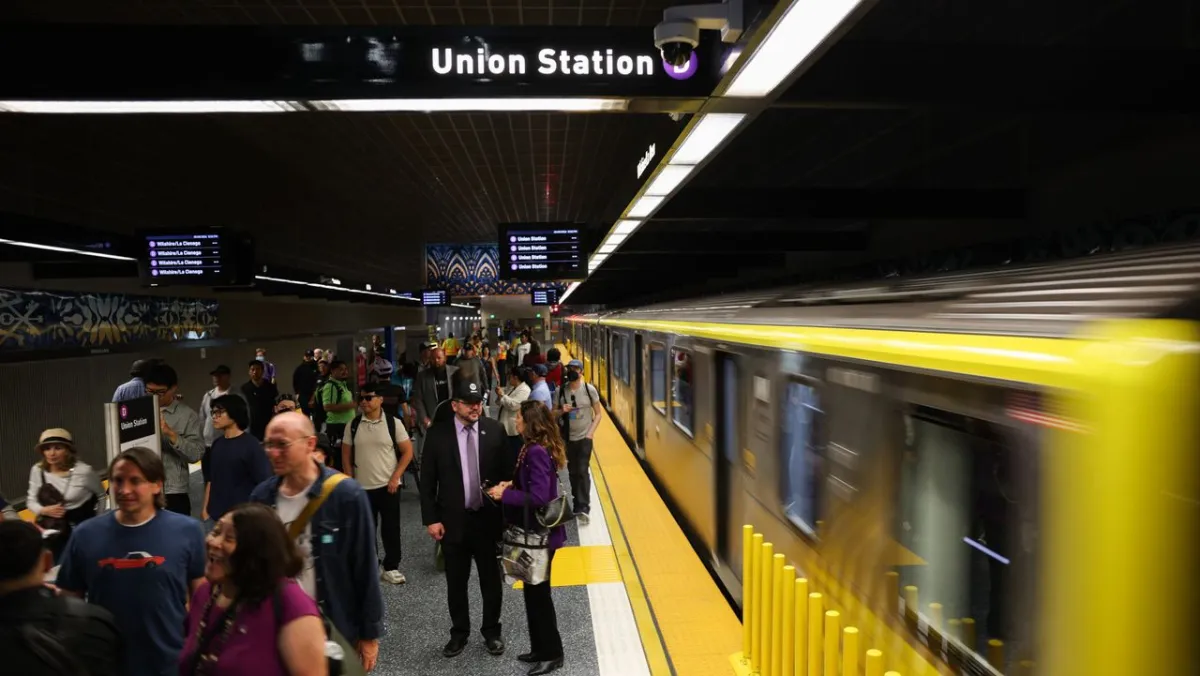 A schematic map of the Los Angeles transit network highlights recent cybersecurity incidents.