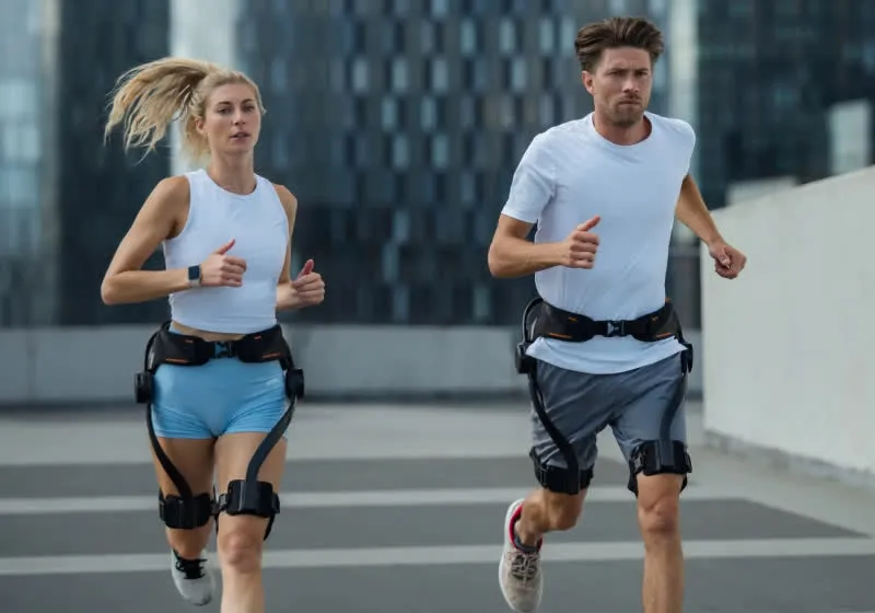 The device features a waist belt connected to hinged thigh braces and carbon-fiber linkages powered by hip-mounted motors.