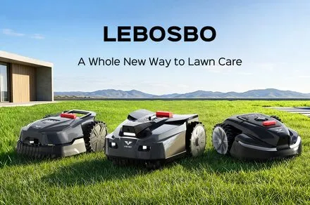 The LEBOSBO V3 robotic mower sits on a lawn with its detachable battery and AI mapping sensors visible.