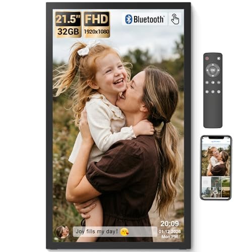 A digital photo frame displays a grid of family photographs ready for wireless sharing.
