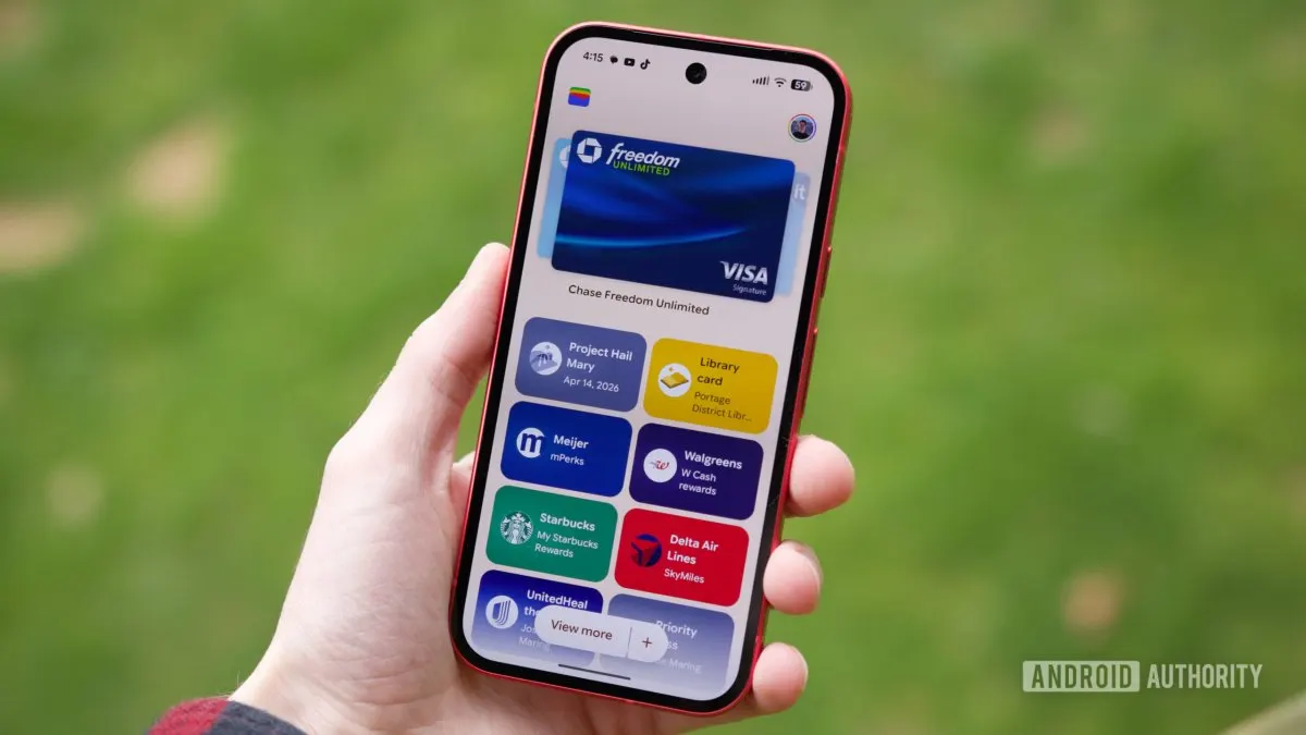 The Google Wallet interface displays digital boarding passes, loyalty cards, and receipts for travel and retail updates.