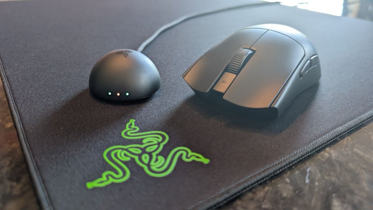 Razer Viper V4 Pro gaming mouse highlighting its ultra-lightweight right-handed shell and optical sensor.