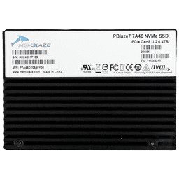 A physical Memblaze PBlaze7 7A46 6.4 terabyte enterprise SSD displays its label and connector interface.