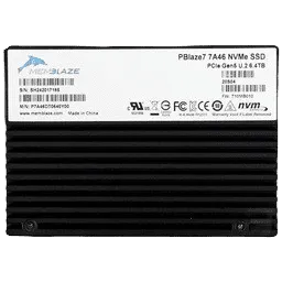 A physical Memblaze PBlaze7 7A46 6.4 terabyte enterprise SSD displays its label and connector interface.