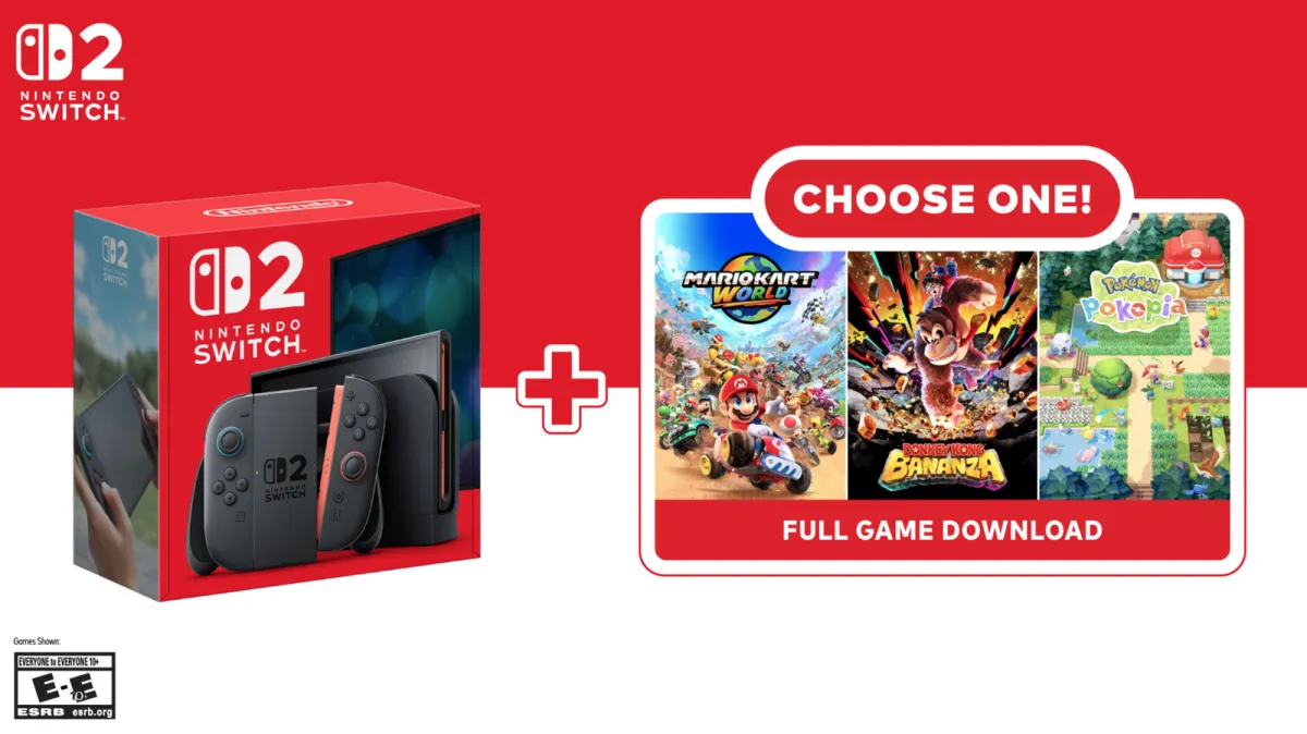 Nintendo Switch 2 console and controllers arranged with three first-party game cases.
