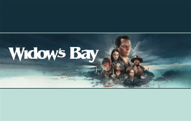 The scene depicts residents navigating isolation and community in the Apple TV series Widow's Bay.