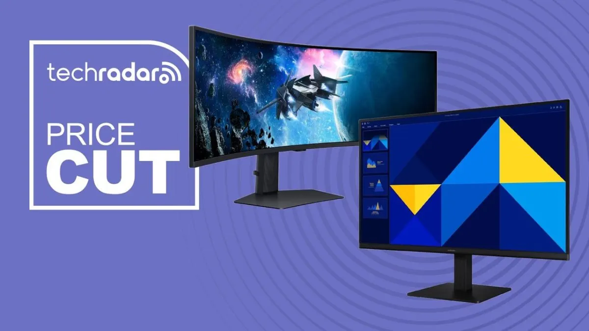 Samsung monitor models are arranged on a professional desk setup for workspace productivity evaluation.