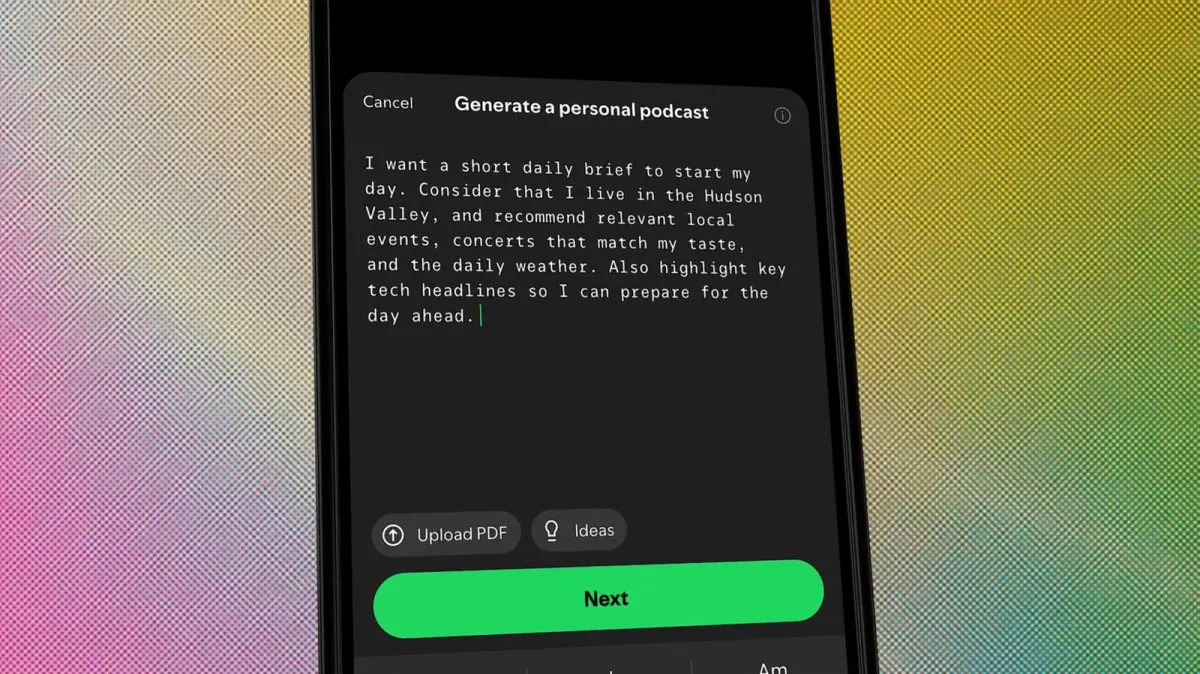 Spotify interface displaying AI-powered features for podcasts and audiobooks, including a chatbot and playlist tools.