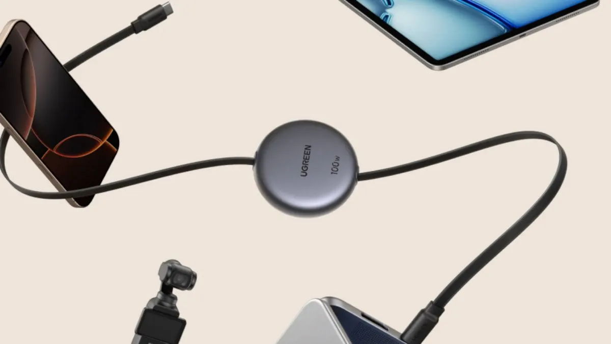 The Ugreen Nexode 100W retractable USB-C cable features a protective shell and four preset extension lengths.