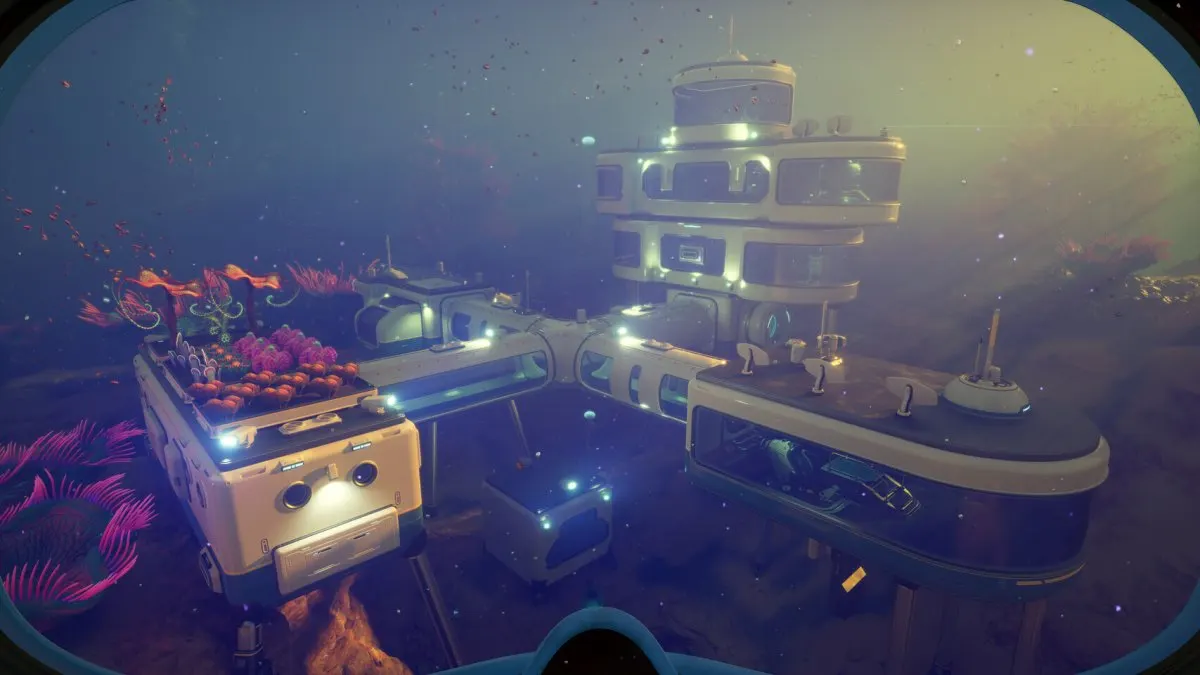 The screenshot displays underwater exploration scenes from Subnautica 2 that emphasize peaceful environmental storytelling.