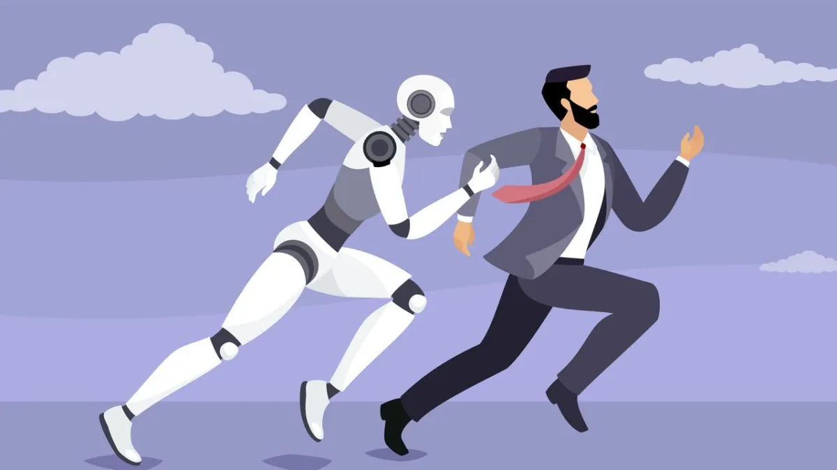 Executives examine charts showing projected artificial intelligence workforce reductions and uncertain financial returns.