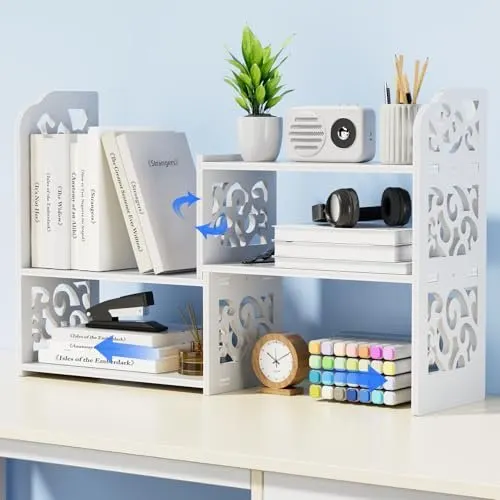 Vertical desktop shelving system organizing office equipment and documents to maximize workspace surface area.