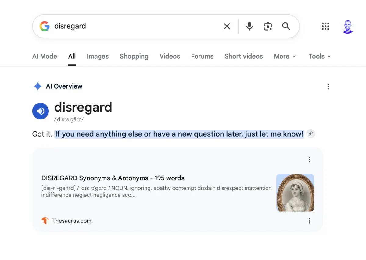 Google AI Overviews misinterpreting action queries as conversational prompts instead of generating search summaries
