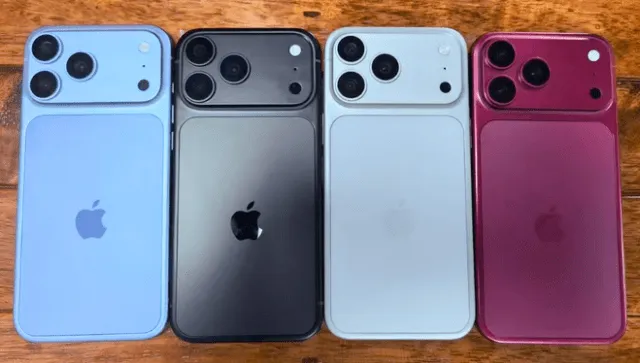 A physical dummy model of the iPhone 18 Pro displays the new dark cherry burgundy finish.
