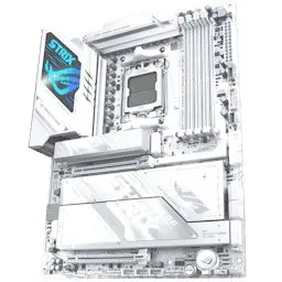 Top-down view of the ASUS ROG Strix X870E-A motherboard showing PCIe slots, VRM heatsinks, and rear I/O panel.