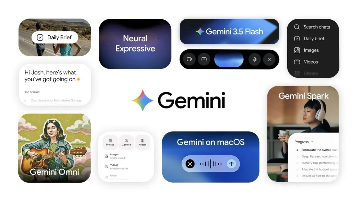 Google I/O 2026 presentation stage showcasing Gemini AI integration across search, mobile, and productivity tools.