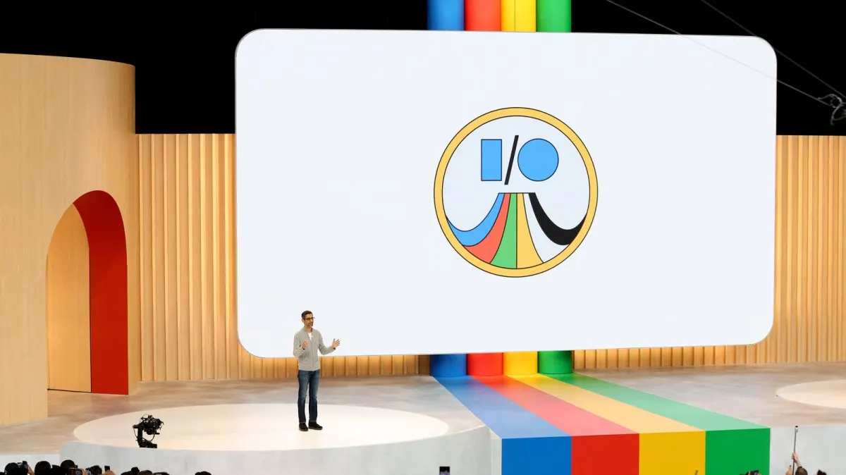 Google I/O 2026 keynote stage displaying artificial intelligence updates and hardware reveals