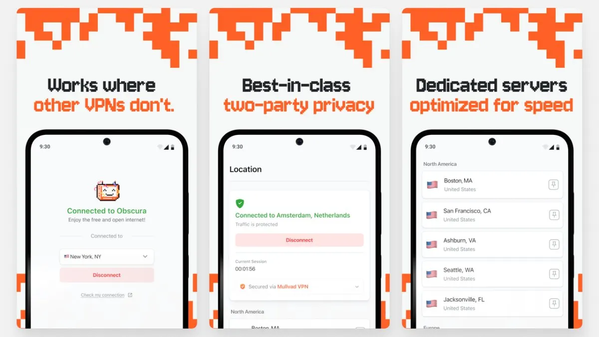 Obscura VPN Android application interface displaying two-party relay architecture