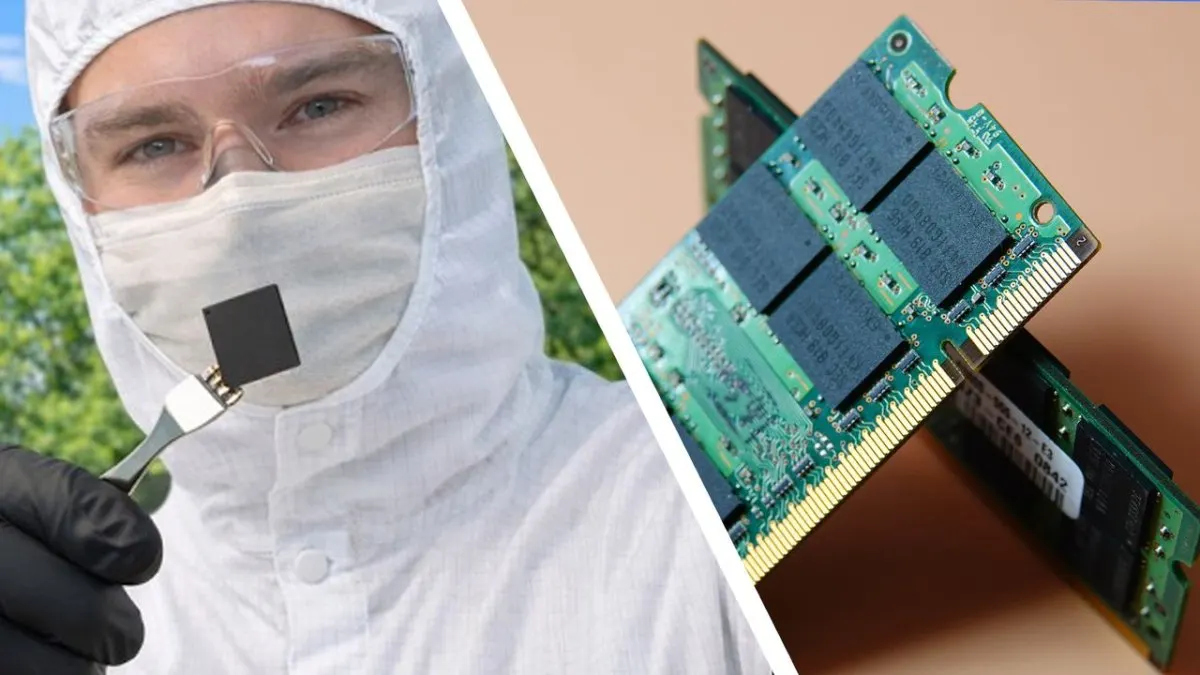 Stacked RAM modules rest on a green circuit board.