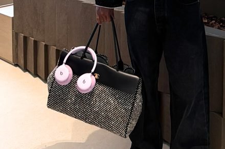Unreleased pink Beats headphones are displayed on a neutral surface.