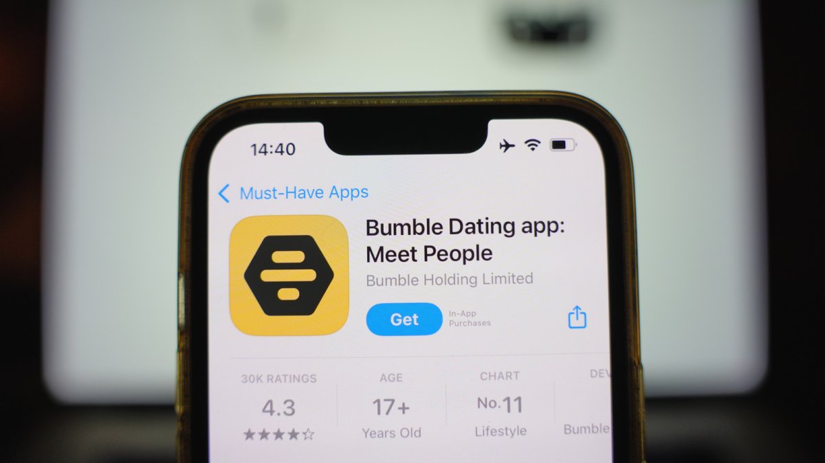 The Bumble app interface shows the transition from manual swiping to an artificial intelligence matchmaking system.