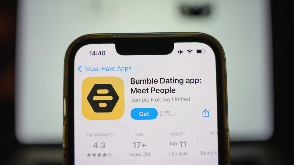 The Bumble app interface shows the transition from manual swiping to an artificial intelligence matchmaking system.