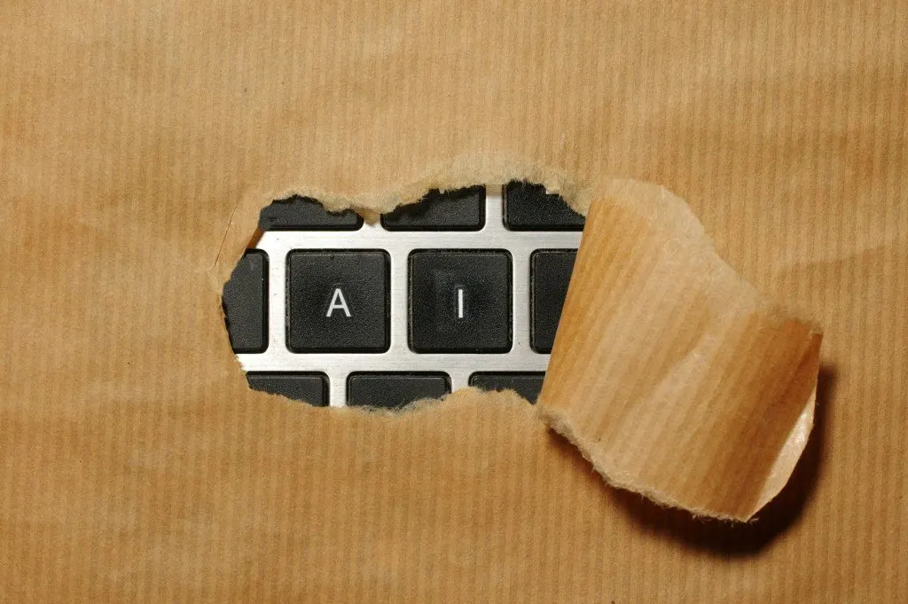 A digital illustration depicts a gavel alongside artificial intelligence prompts.